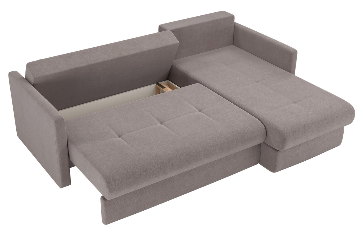 Ecksofa mit Schlaffunktion Lorro, L-förmig, universell mit zwei Stauräumen, hellbrauner Chenille-Bezug