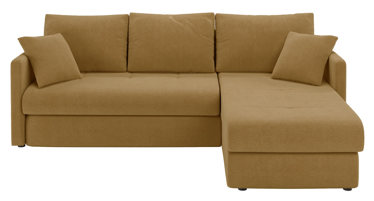 Canapé d'angle Lorro en L universel avec fonction couchage et deux coffres, tissu chenille moutarde