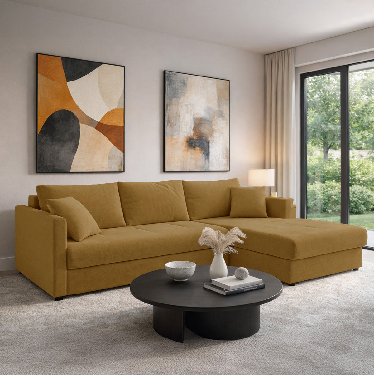 Canapé d'angle Lorro en L universel avec fonction couchage et deux coffres, tissu chenille moutarde