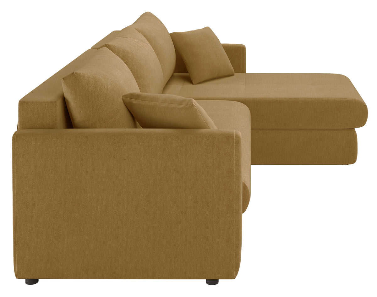 Ecksofa mit Schlaffunktion Lorro, L-förmig, universell, mit zwei Stauraumfächern, senfgelber Chenille-Bezug