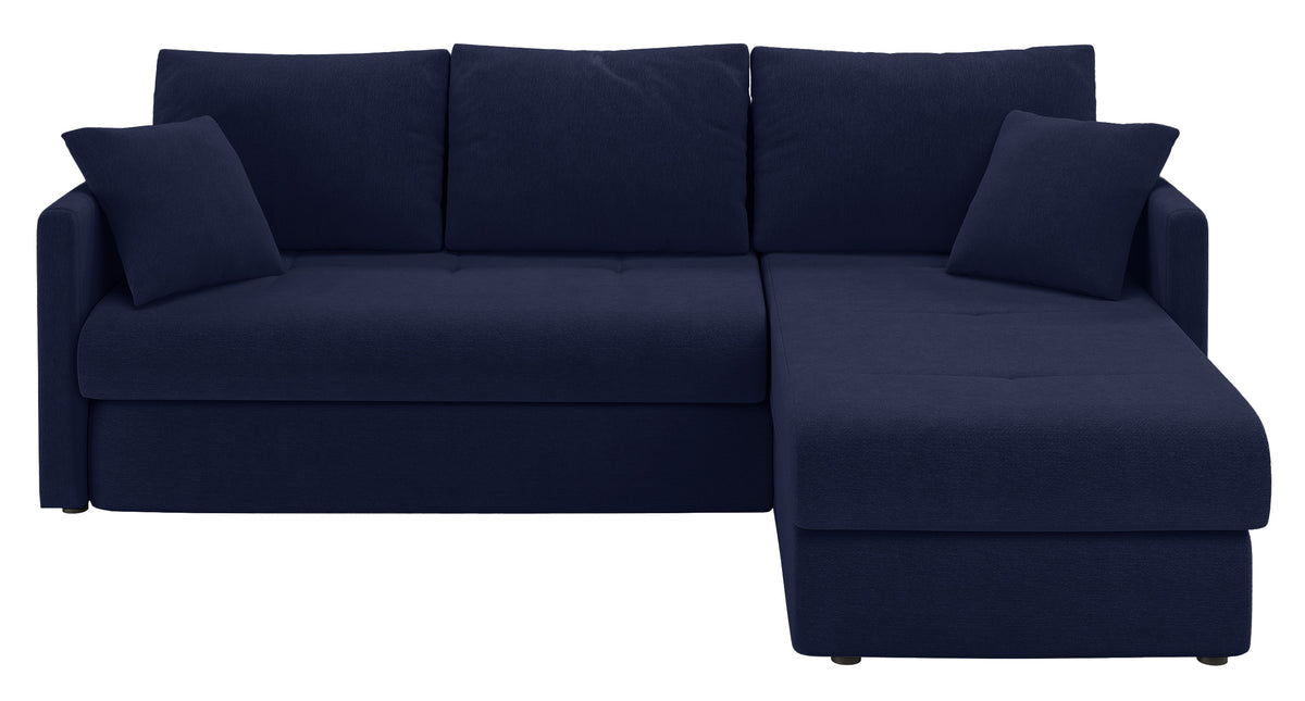 Canapé d'angle Lorro en L universel avec deux coffres de rangement, tissu chenille bleu marine