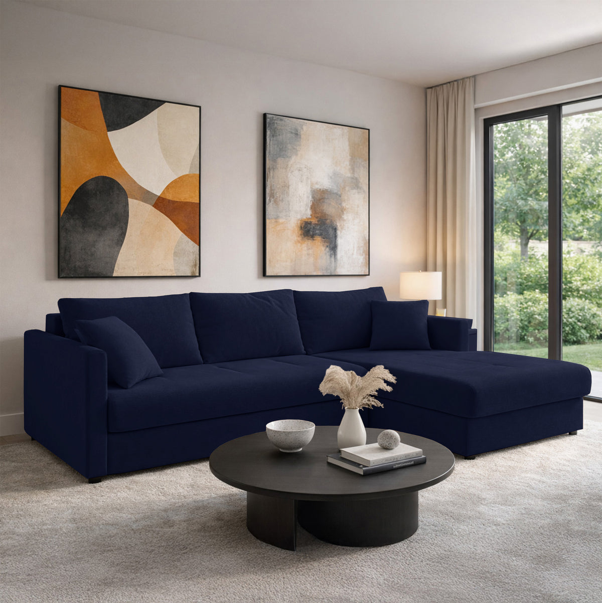 Canapé d'angle Lorro en L universel avec deux coffres de rangement, tissu chenille bleu marine
