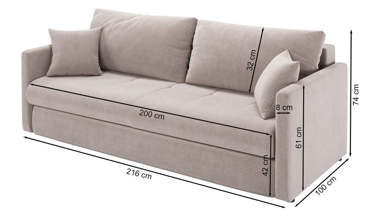 Dreisitziges ausklappbares Sofa Lorro mit Stauraum, hellbraunes Chenille