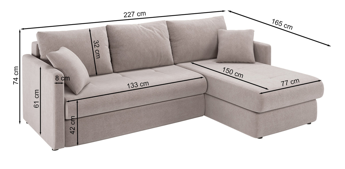 Ecksofa mit Schlaffunktion Lorro, L-förmig, universell, mit zwei Stauraumfächern, senfgelber Chenille-Bezug
