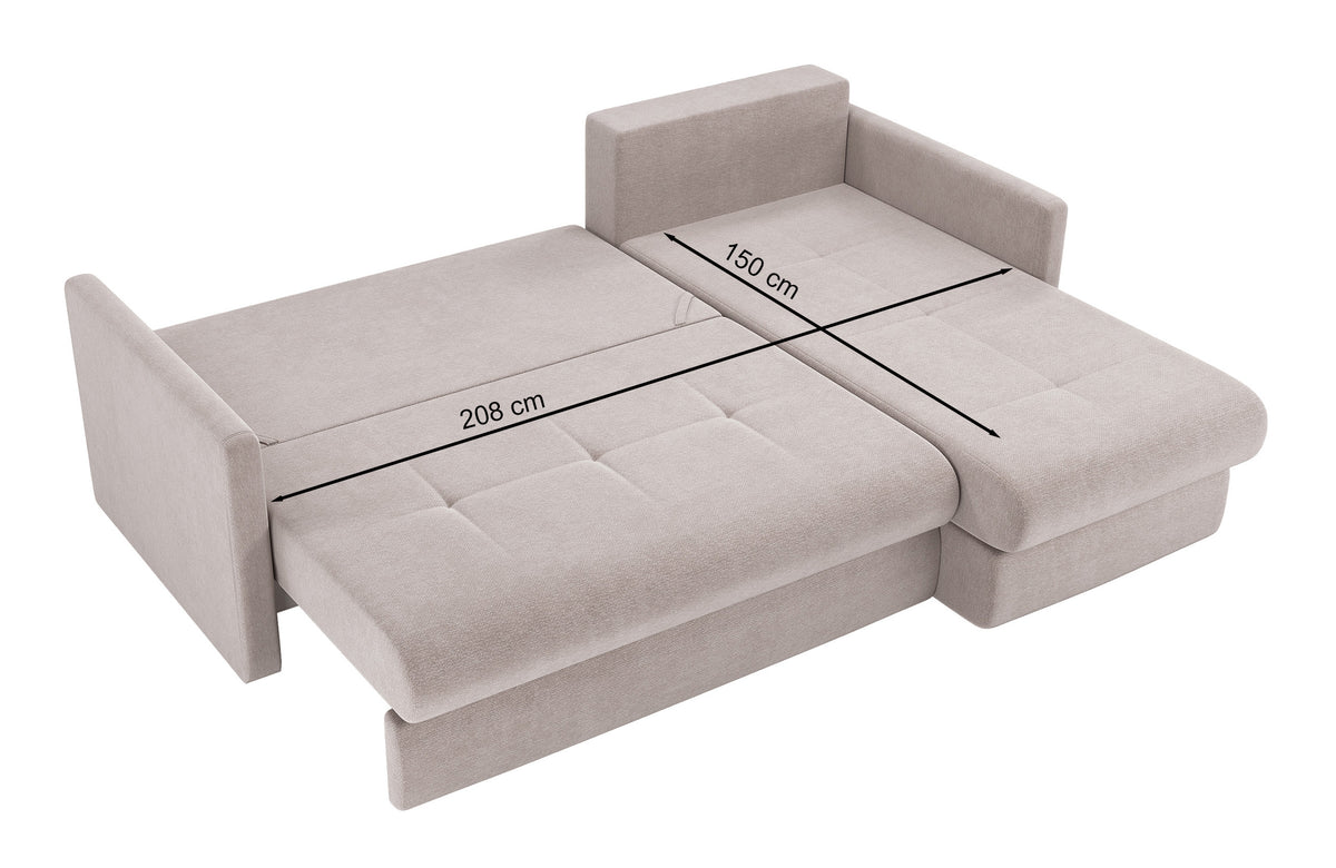Ecksofa mit Schlaffunktion Lorro, L-förmig, universell, mit zwei Stauraumfächern, senfgelber Chenille-Bezug