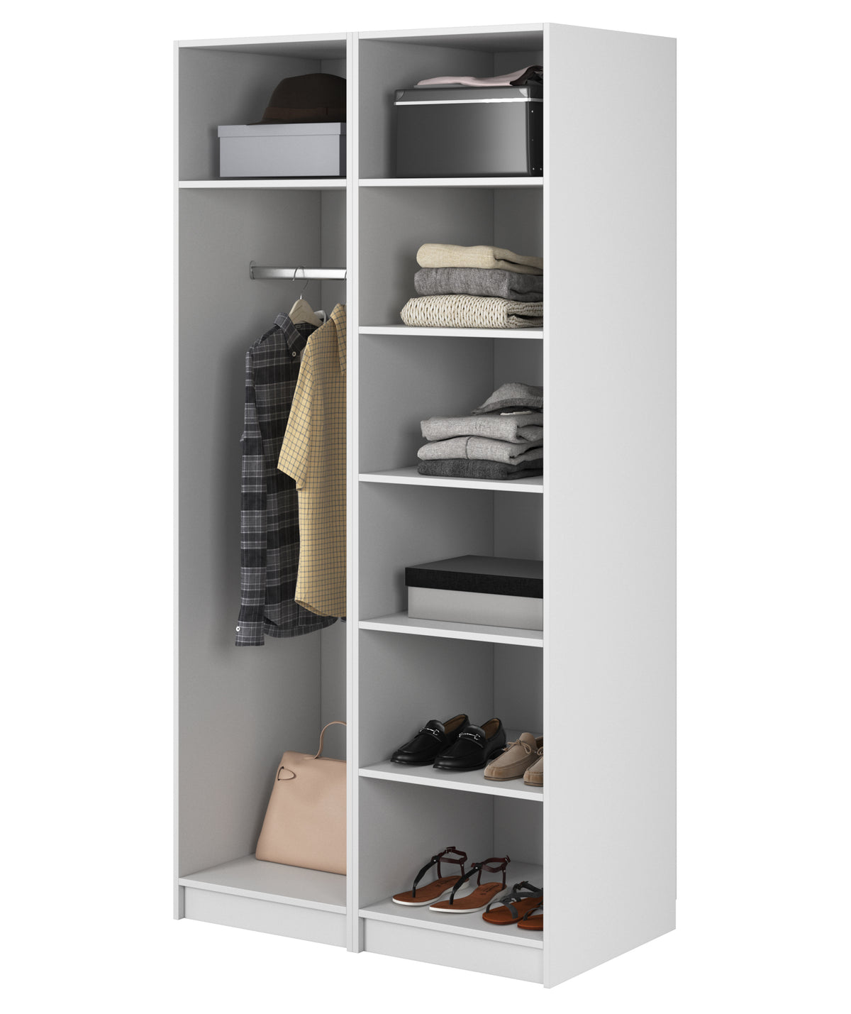 Zweiflügeliger Kleiderschrank Frame mit Kleiderstange und Regalen 100 cm Weiß
