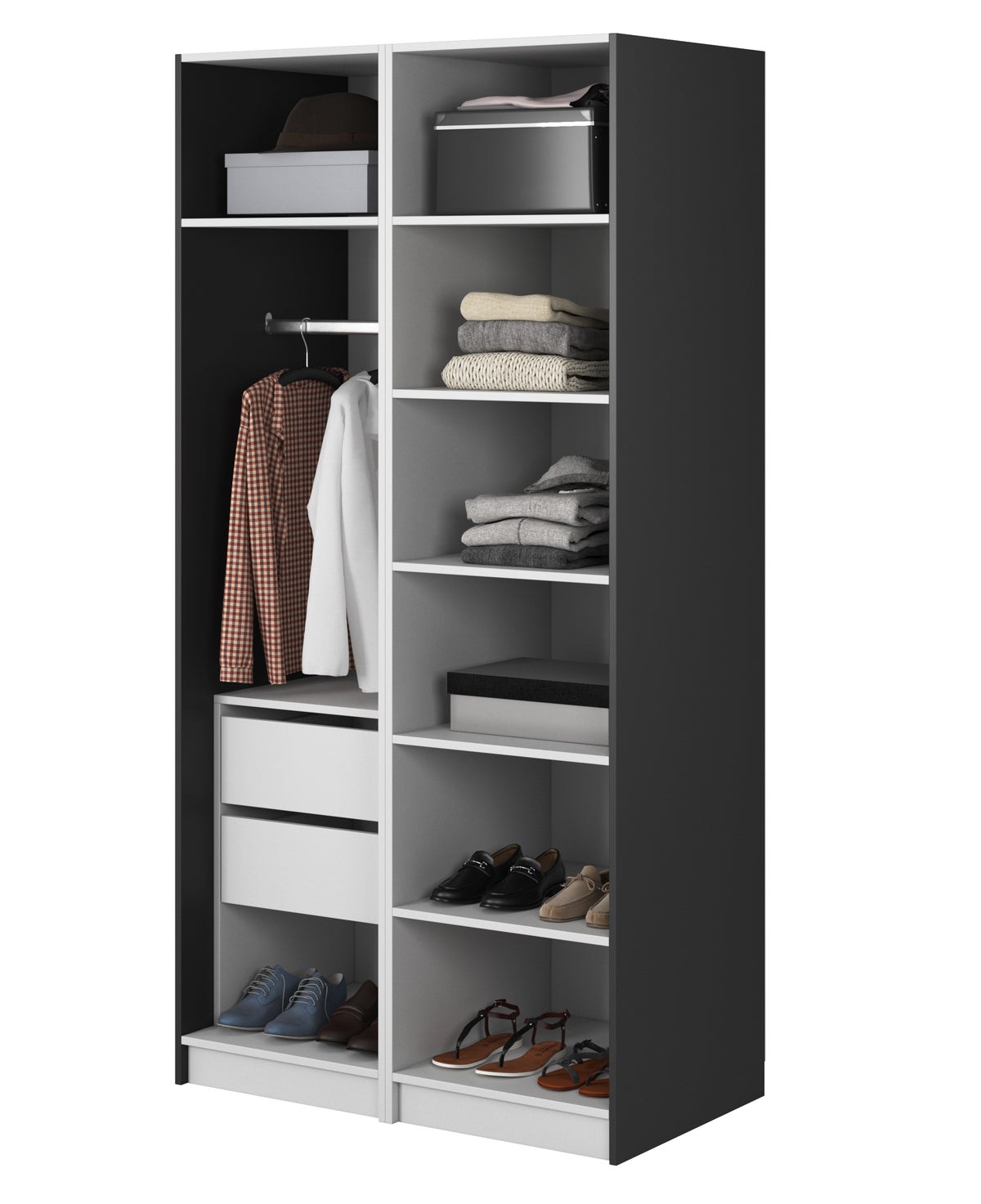 Zweiflügeliger Kleiderschrank Frame mit Kleiderstange, Regalen und Schubladencontainer 100 cm Schwarz