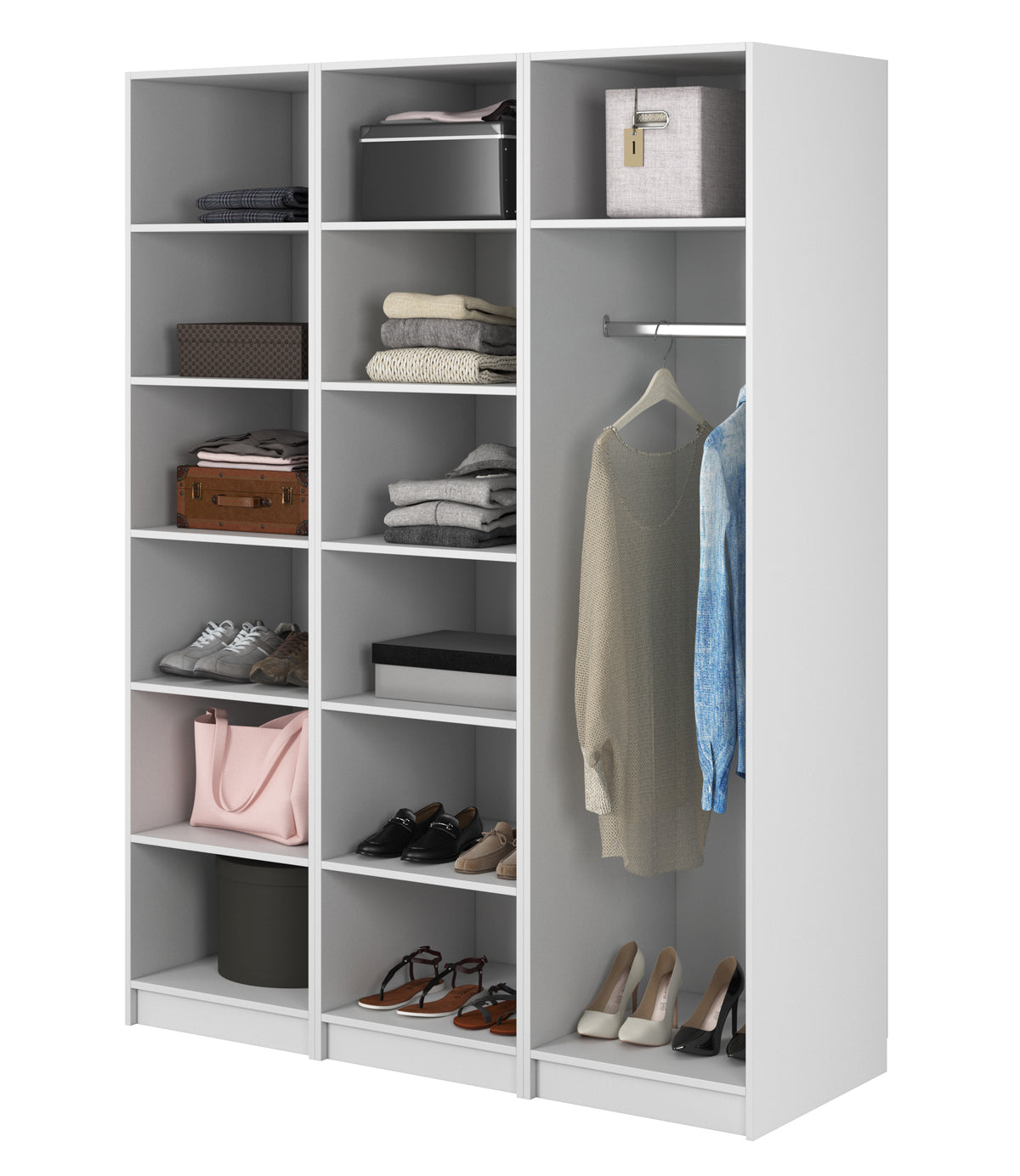 Armoire trois portes Moonir avec tringle et étagères 150 cm Blanche