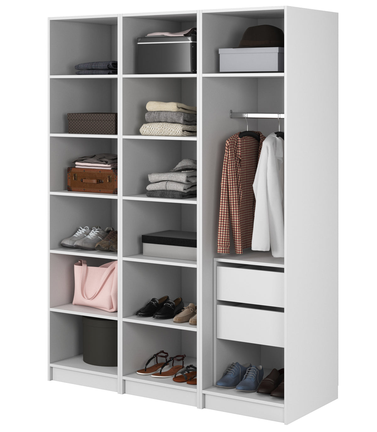 Armoire trois portes Frame avec tringle, étagères et tiroir 150 cm Blanc