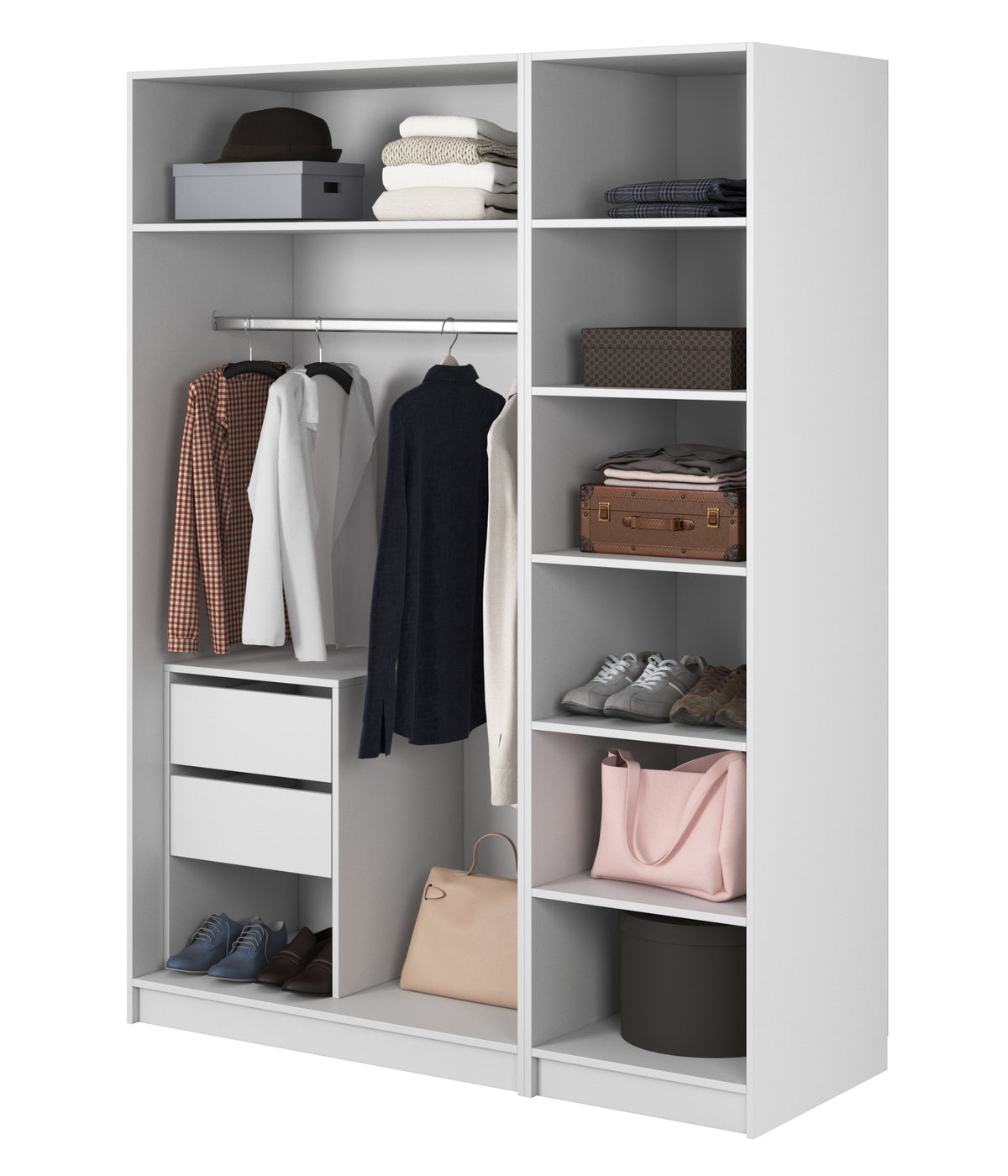 Armoire trois portes Moonir avec tringle longue, sept étagères et tiroir 150 cm Blanche