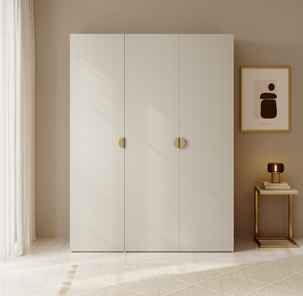 Armoire trois portes Moonir avec tringle longue et sept étagères 150 cm Gris beige