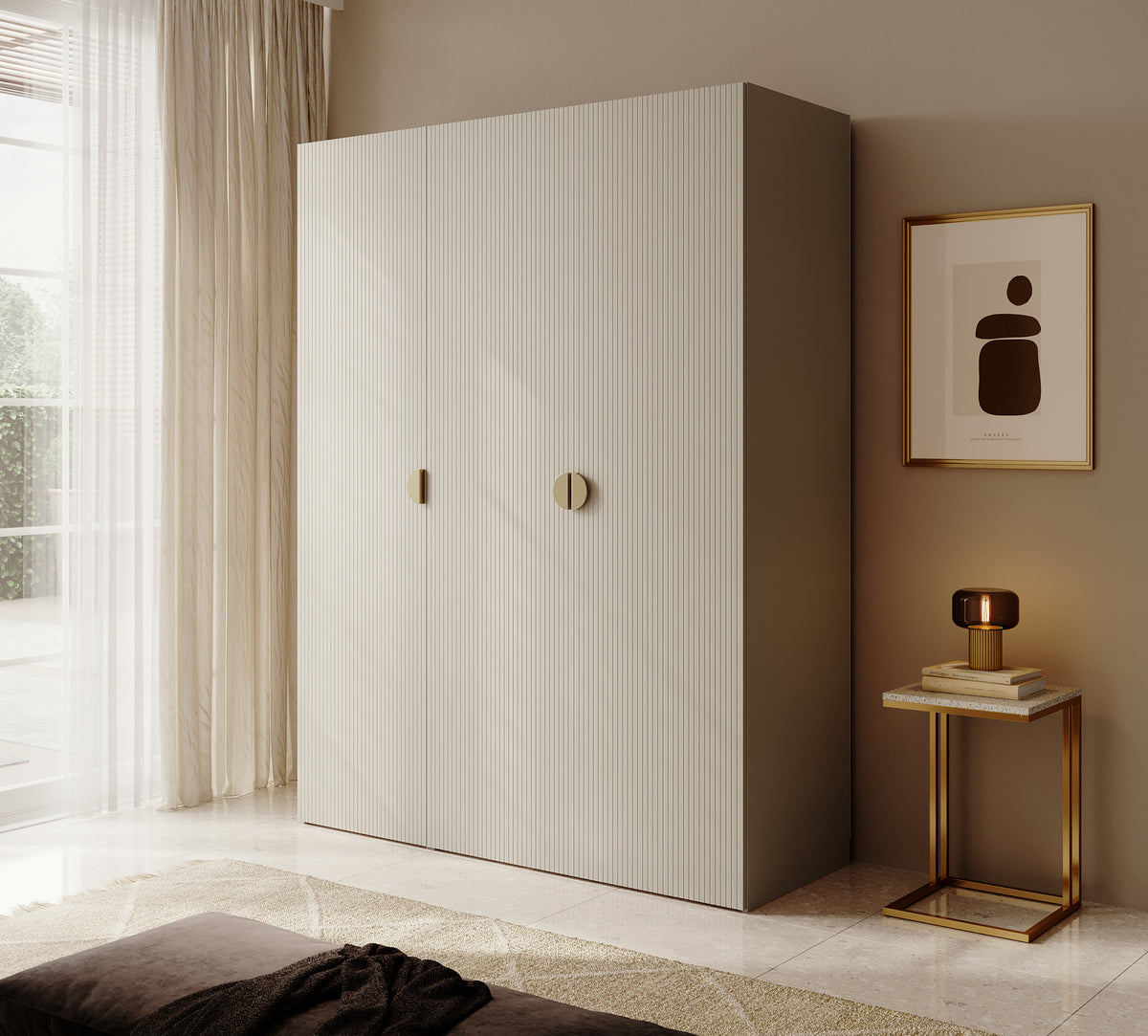 Armoire trois portes Moonir avec deux tringles 150 cm Gris beige