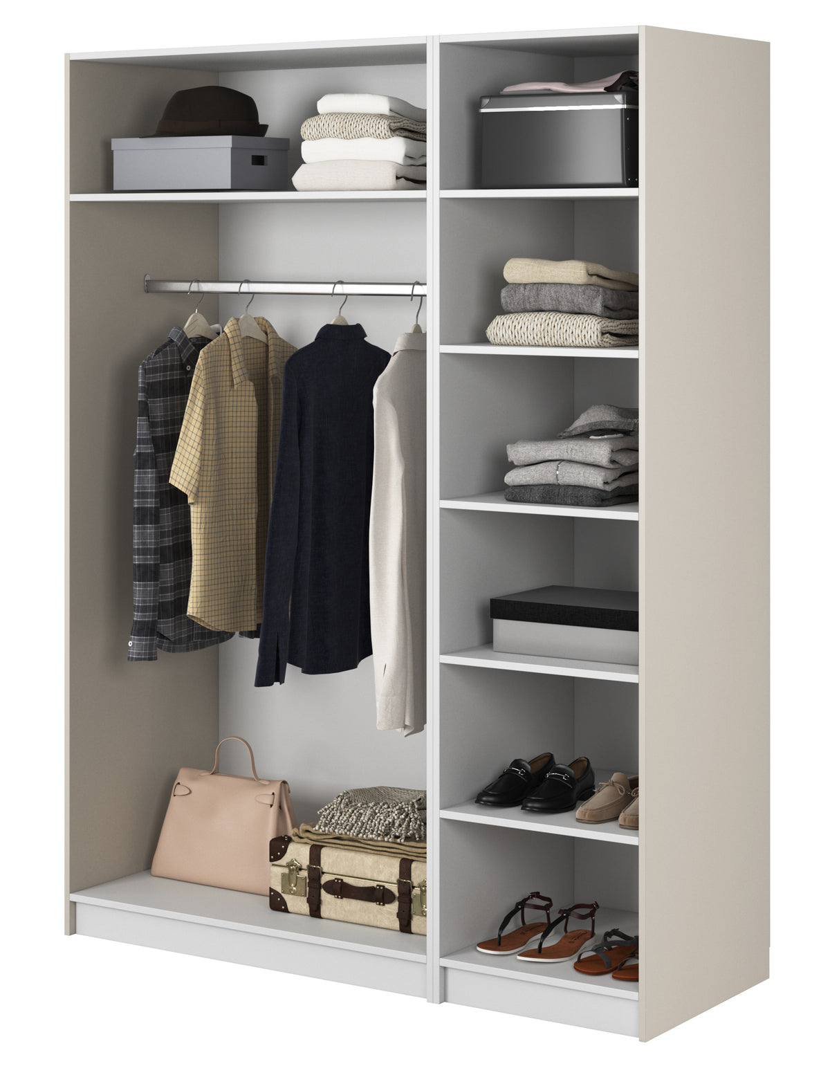 Armoire trois portes Frame avec tringle longue et sept étagères 150 cm Gris beige