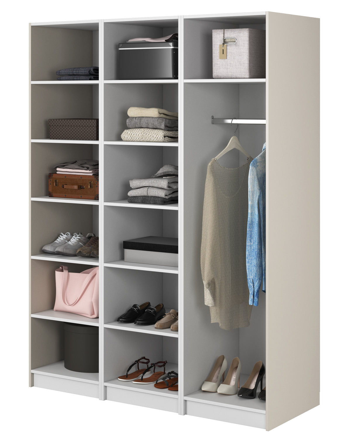 Drehtürenschrank Frame mit Kleiderstange und Regalen 150 cm Grau Beige