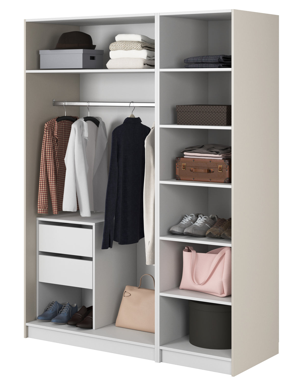 Armoire trois portes Frame avec tringle longue, sept étagères et caisson 150 cm Gris beige