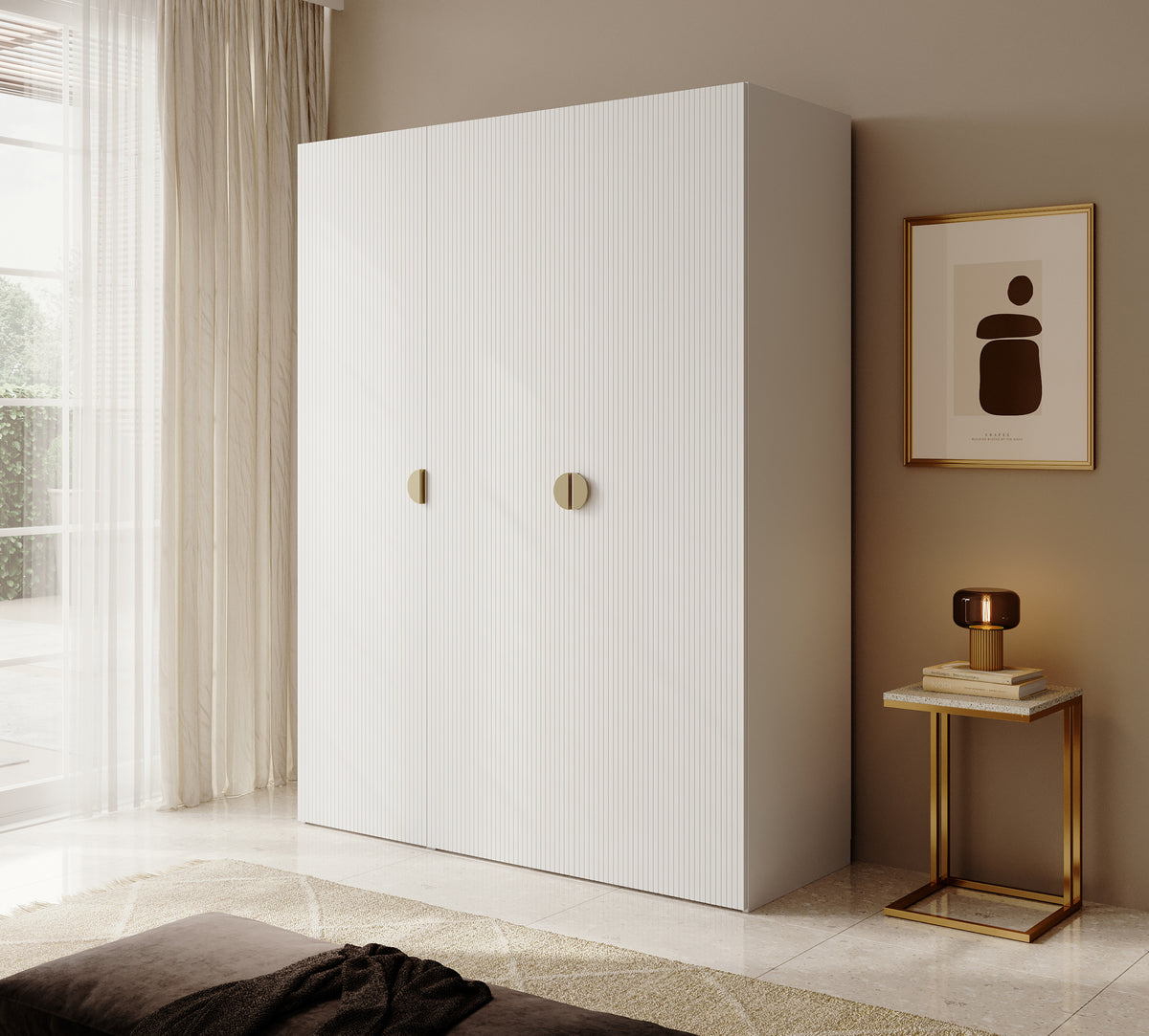 Armoire trois portes Moonir avec tringle longue et sept étagères 150 cm Blanche