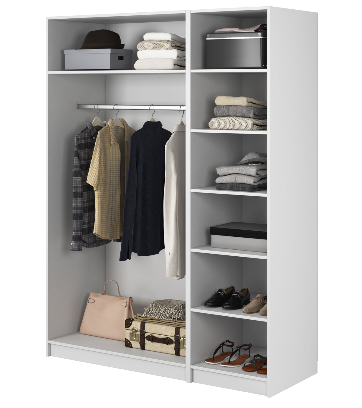 Armoire trois portes Moonir avec tringle longue et sept étagères 150 cm Blanche
