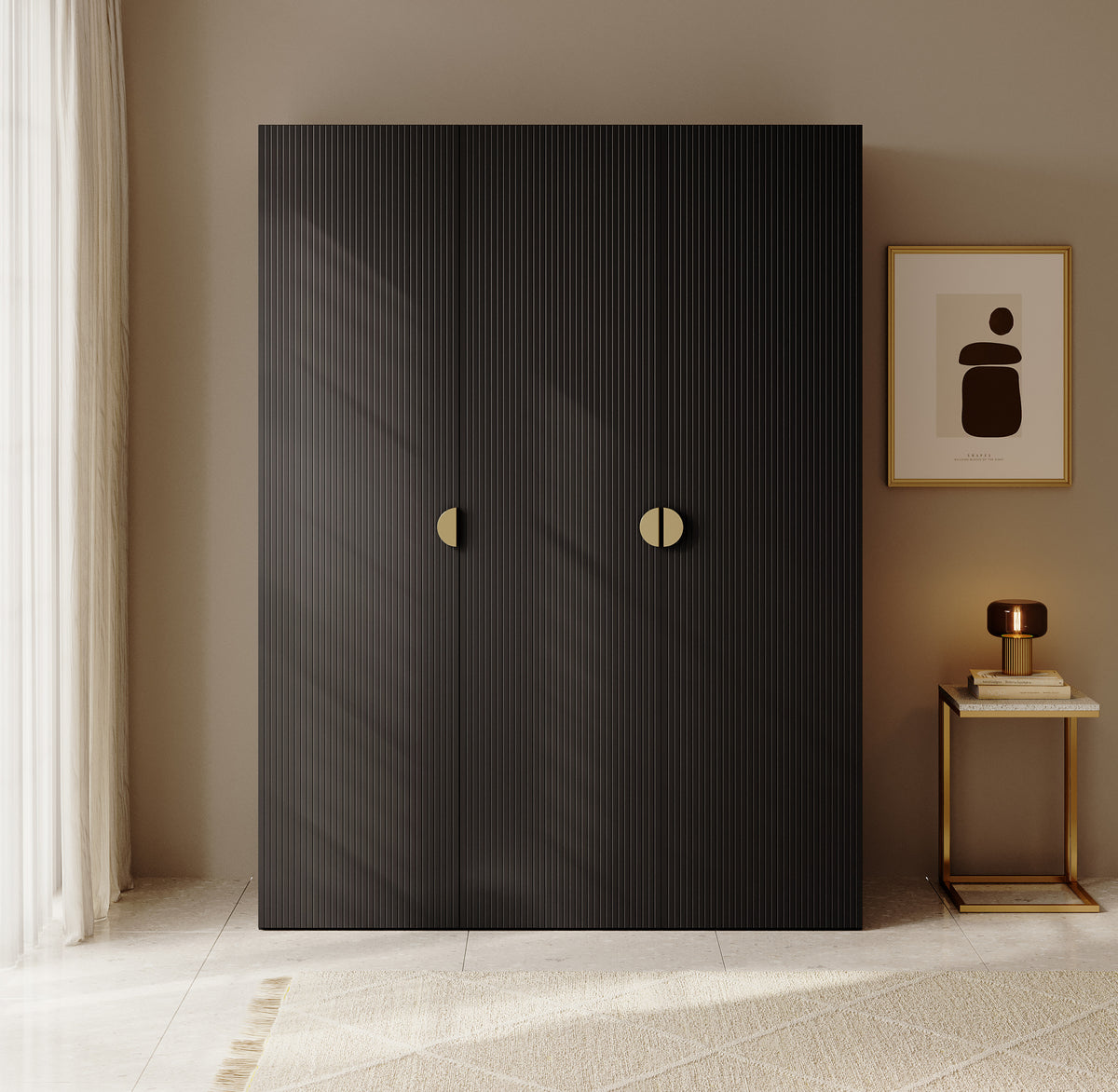 Armoire trois portes Moonir avec tringle et étagères 150 cm Noire