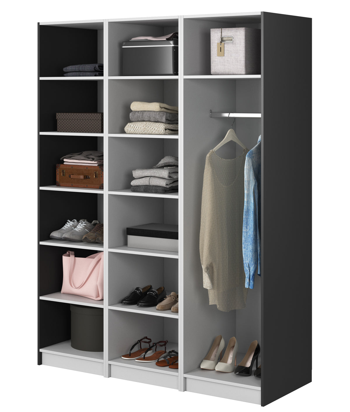 Armoire trois portes Moonir avec tringle et étagères 150 cm Noire