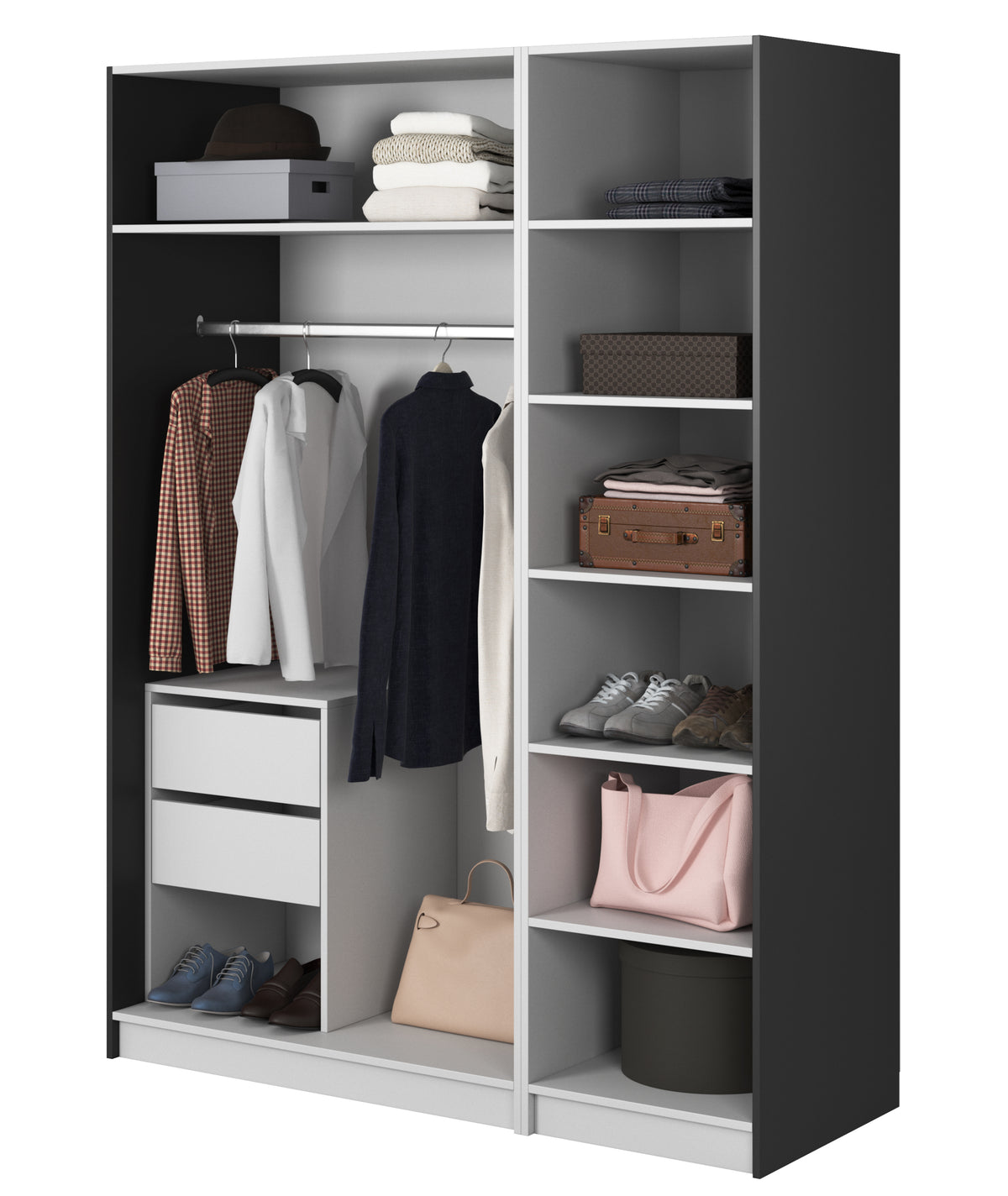 Drehtürenschrank Frame mit langer Kleiderstange, sieben Regalböden und Container, 150 cm, Schwarz