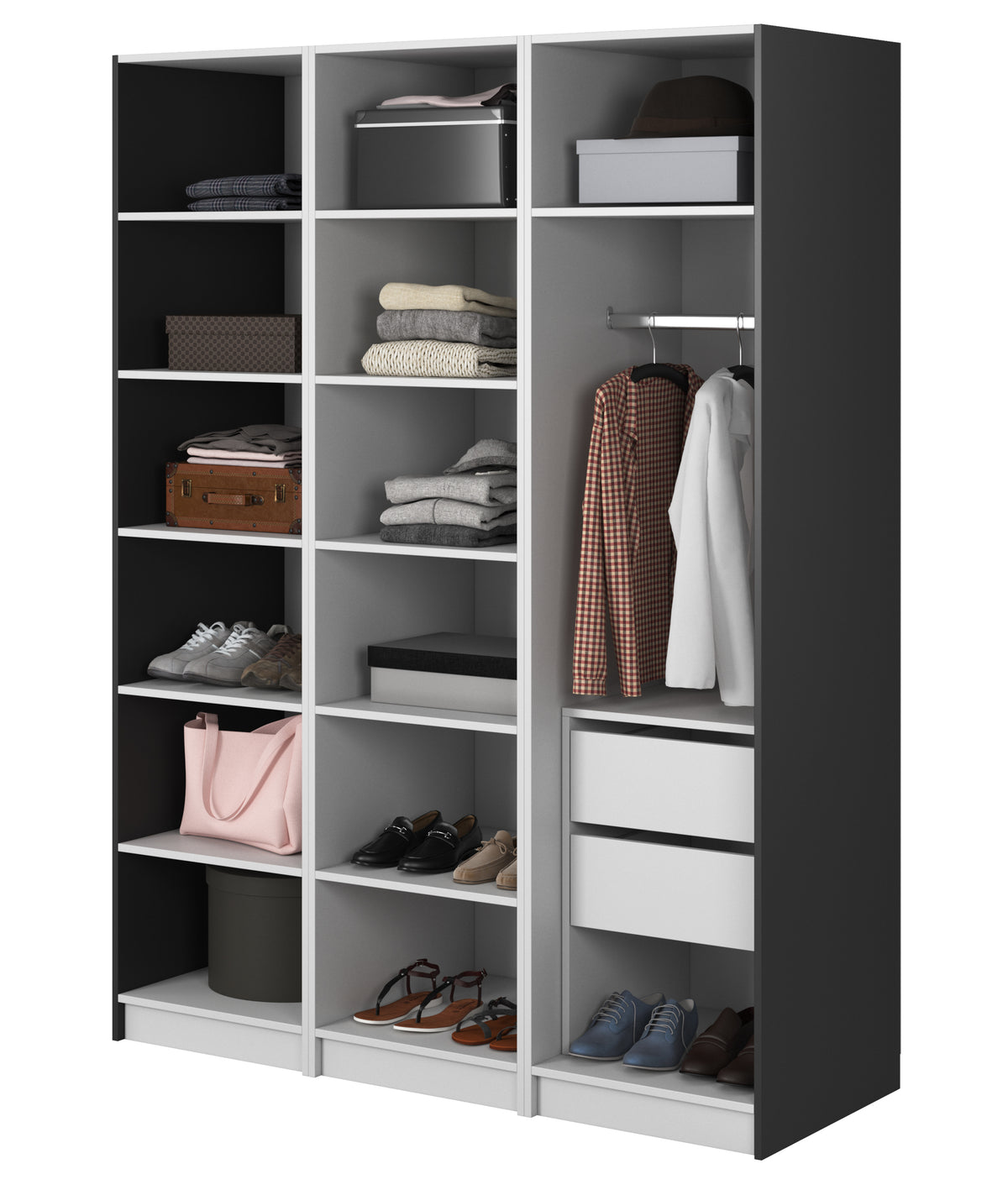 Drehtürenschrank Moonir mit Kleiderstange, Regalen und Container 150 cm Schwarz