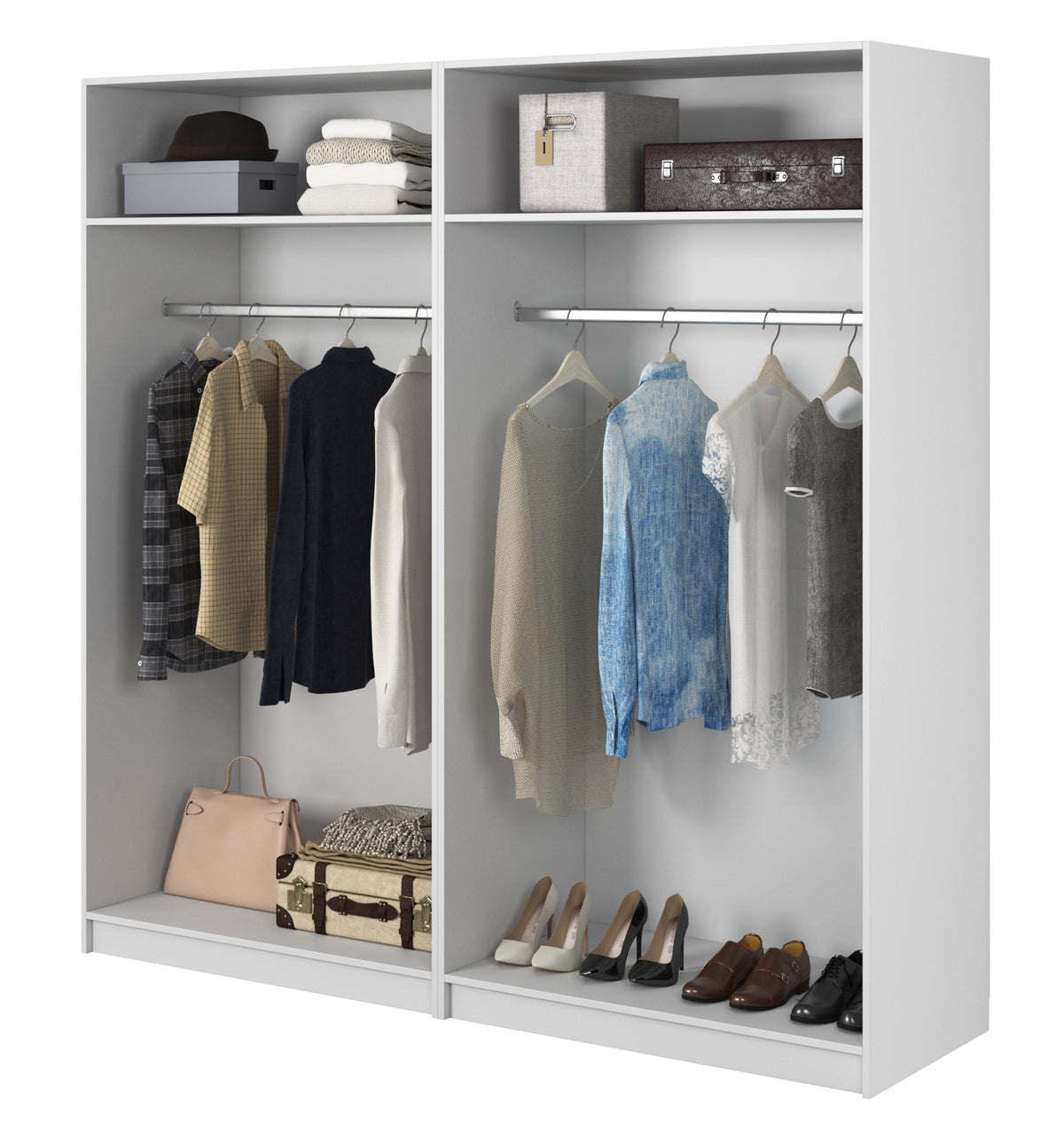 Vier­türiger Schrank Frame mit zwei Kleiderstangen, 200 cm, Weiß