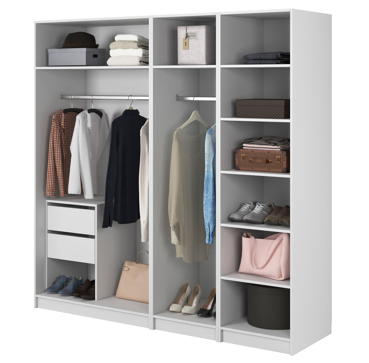 Vier­türiger Frame-Kleiderschrank mit zwei Kleiderstangen, Regalen und Schubfach, 200 cm, Weiß