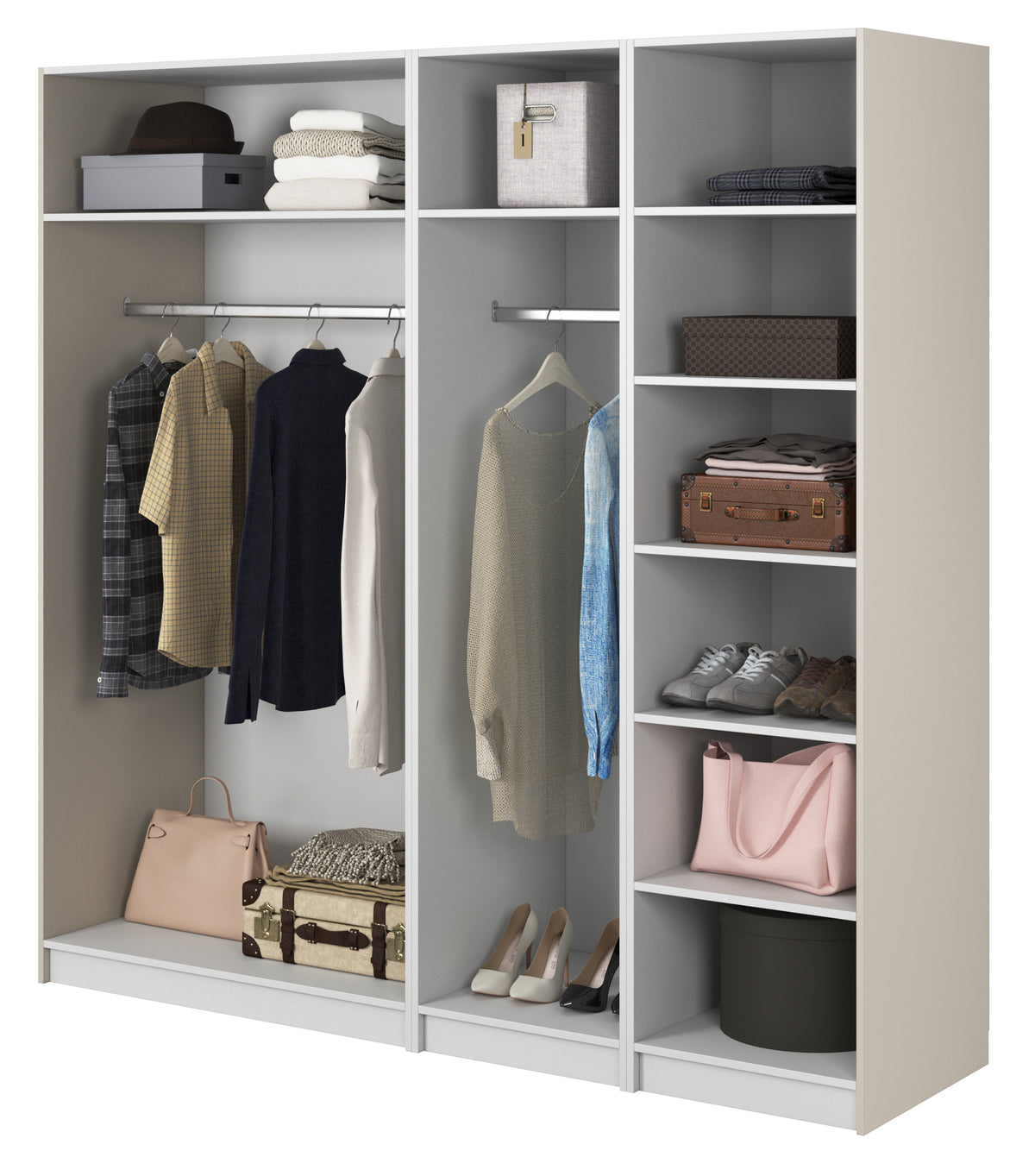 Armoire quatre portes Moonir avec deux tringles, étagères 200 cm Gris beige
