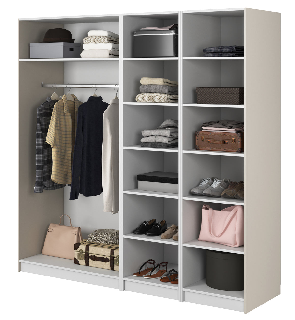 Vier­türiger Frame-Kleiderschrank mit Kleiderstange und Regalen, 200 cm, Grau-Beige