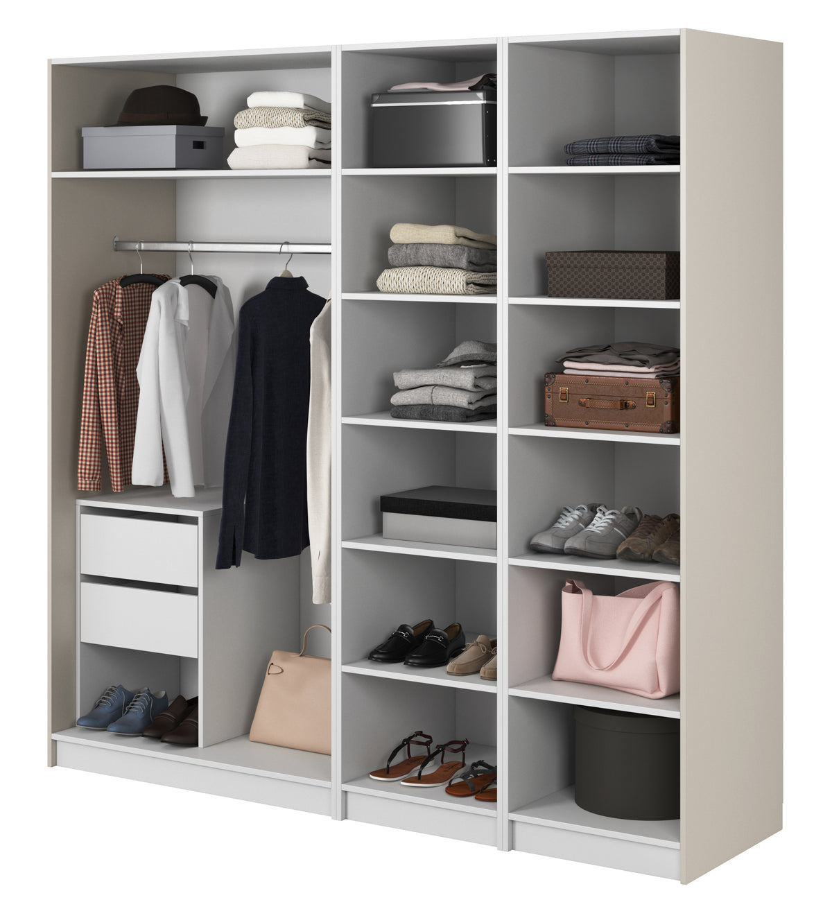 Armoire quatre portes Moonir avec tringle, étagères et caisson 200 cm Gris beige