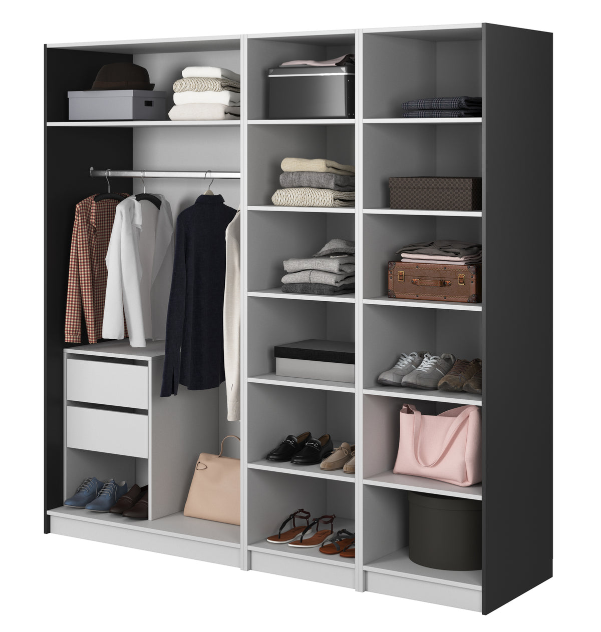 Armoire quatre portes Moonir avec tringle, étagères et caisson 200 cm Noir