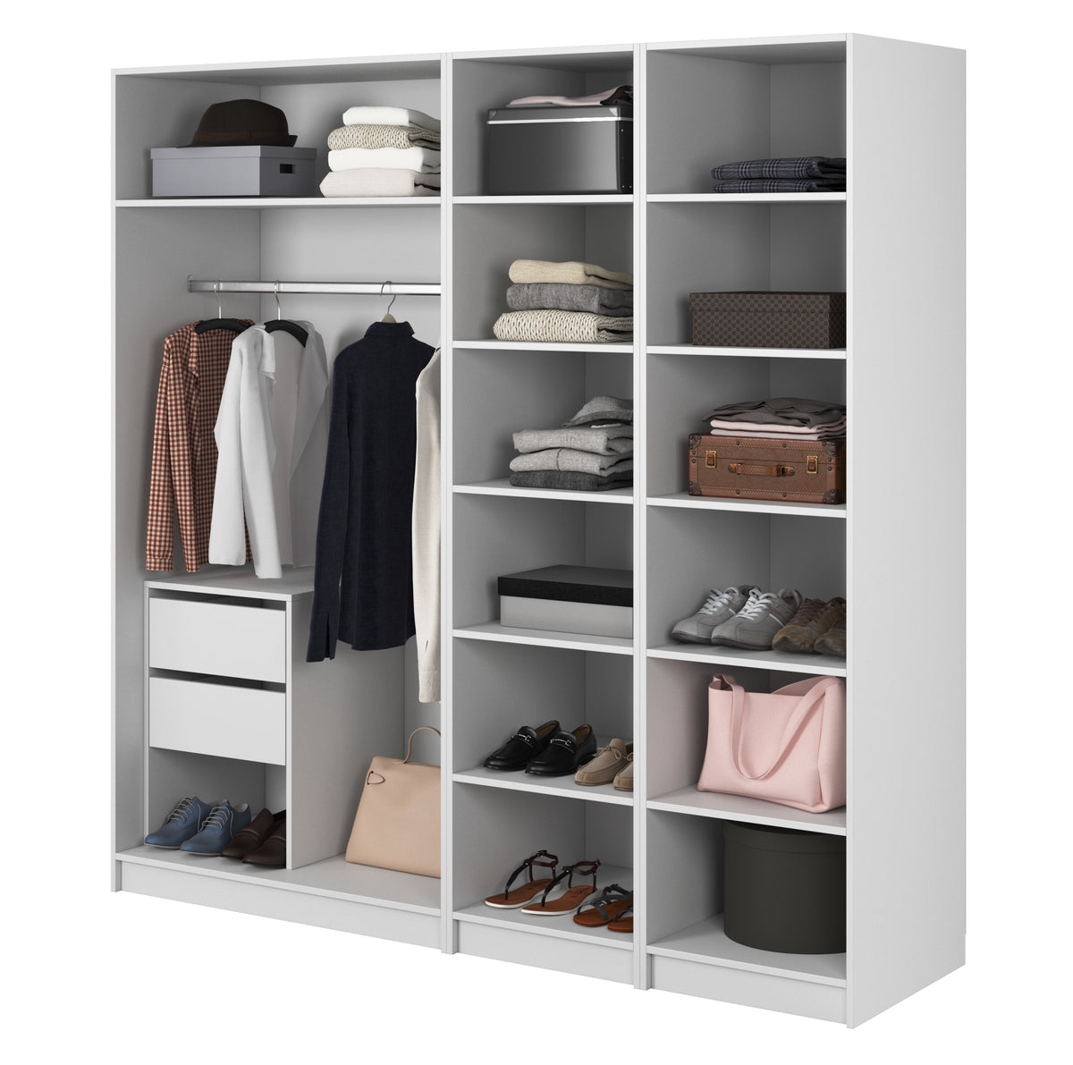 Armoire à quatre portes Frame avec tringle, étagères et tiroir 200 cm Blanche