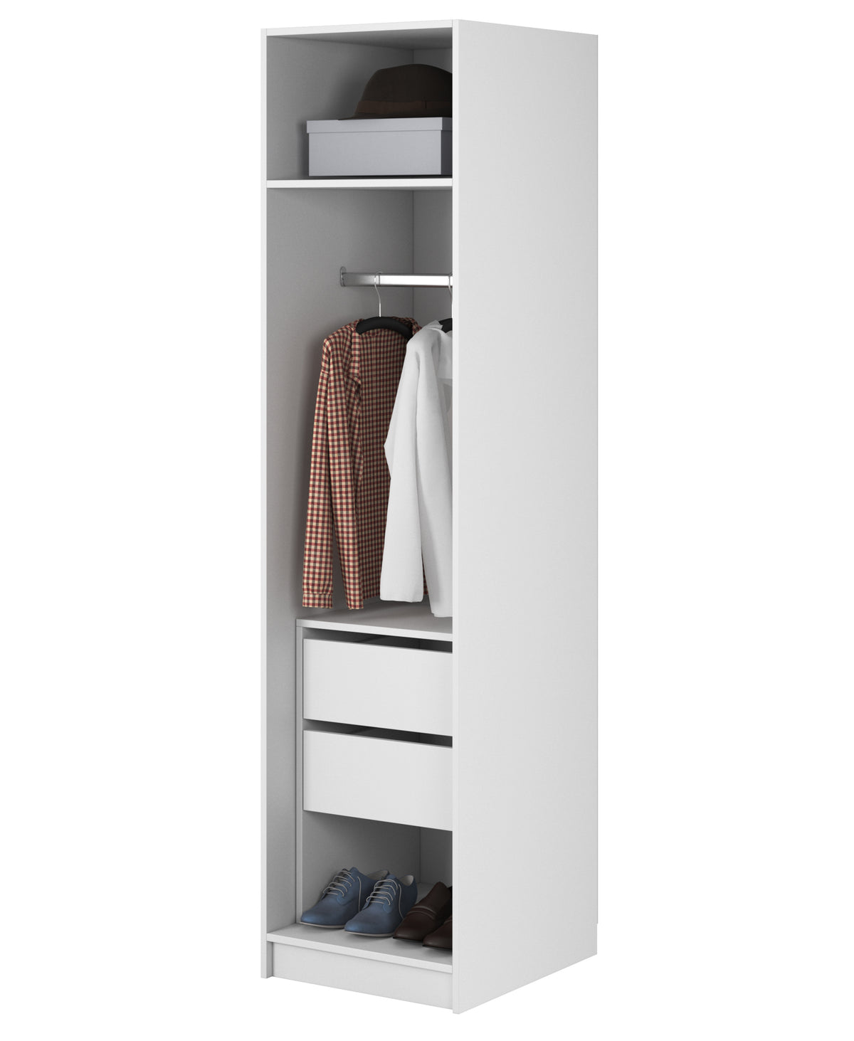 Armoire 1 porte Frame avec tringle, étagères et caisson 50 cm Blanc