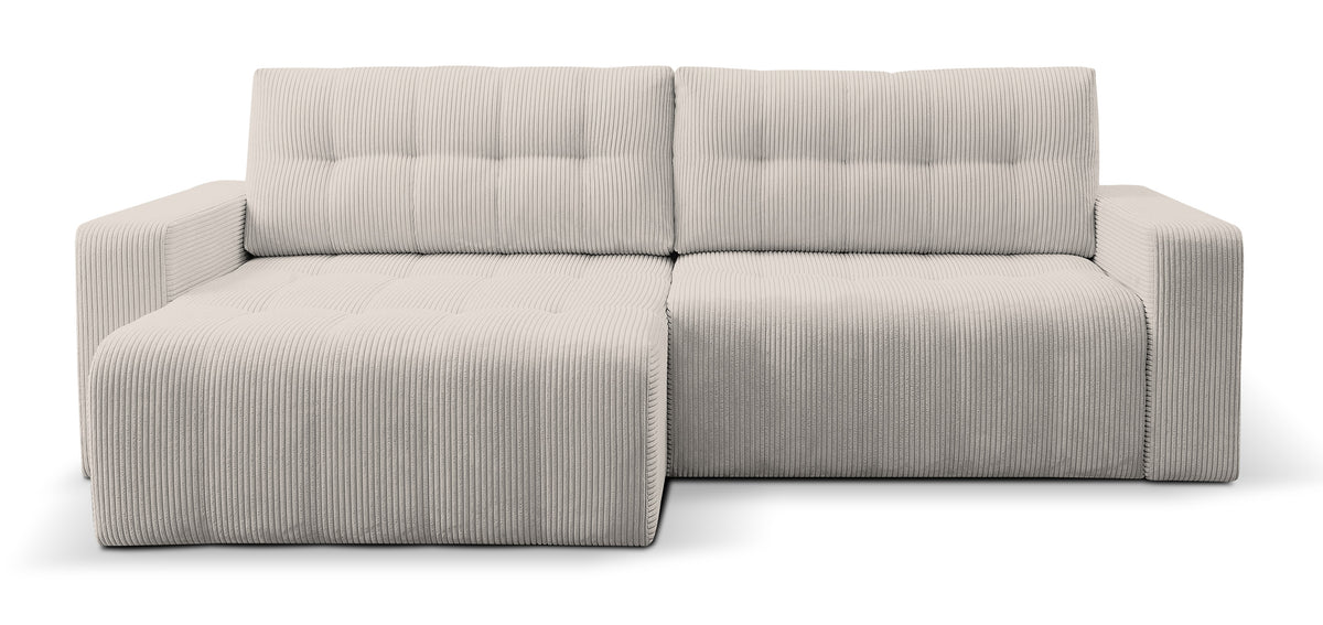 Canapé d'angle Maillo L universel avec fonction couchage et coffre de rangement, velours côtelé beige clair