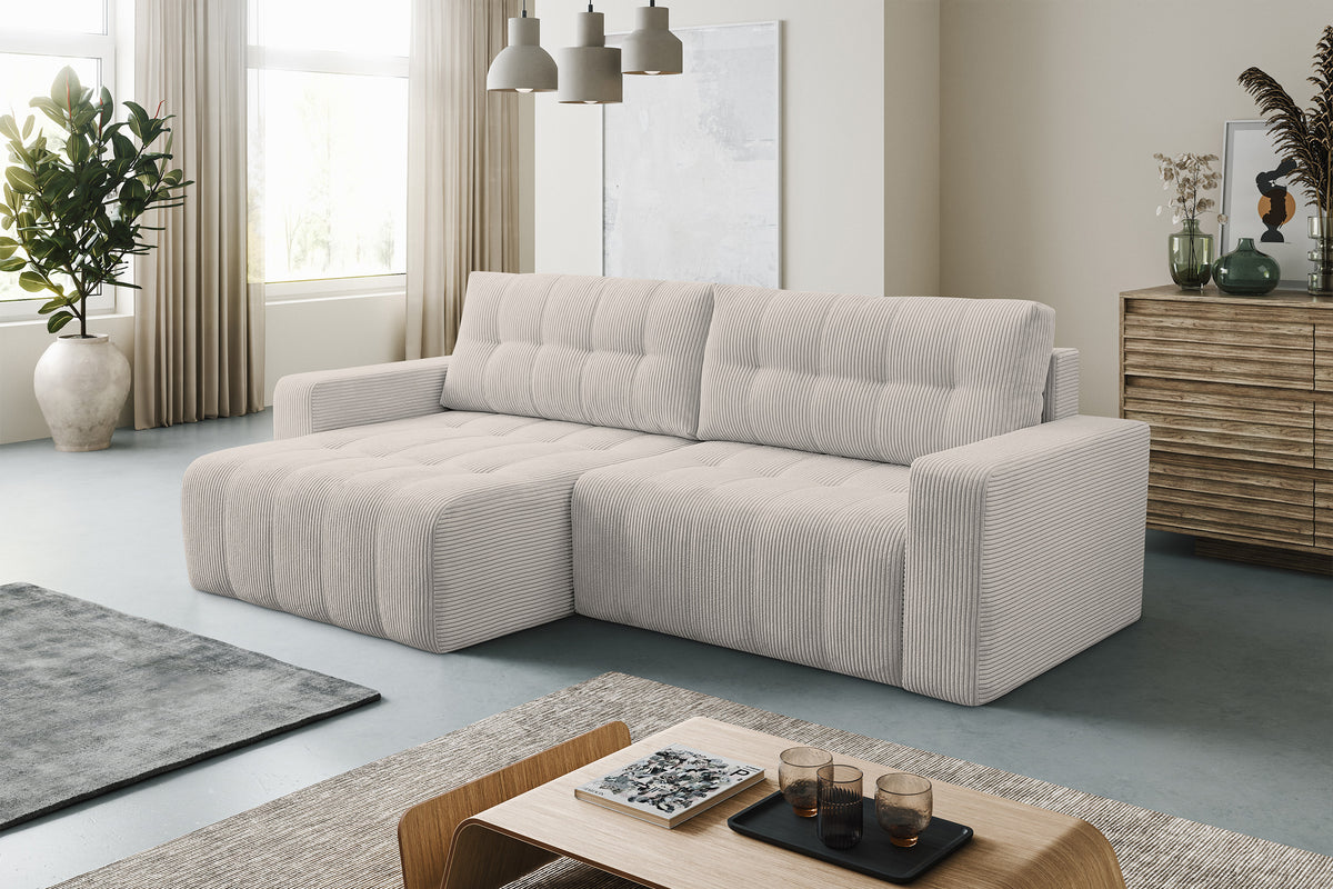 Canapé d'angle Maillo L universel avec fonction couchage et coffre de rangement, velours côtelé beige clair