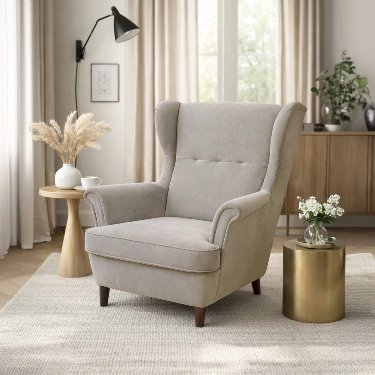 Ohrensessel Malmello mit Fußhocker, beige, pflegeleichter Samt, schwarze Beine