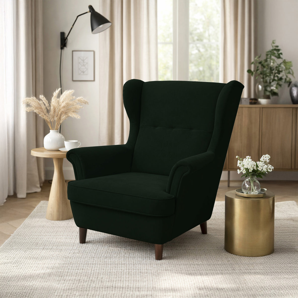Fauteuil à oreilles Malmello avec repose-pieds, velours vert bouteille facile à nettoyer, pieds noirs