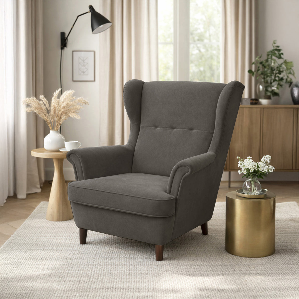 Fauteuil oreille Malmello velours gris foncé facile à nettoyer pieds noirs