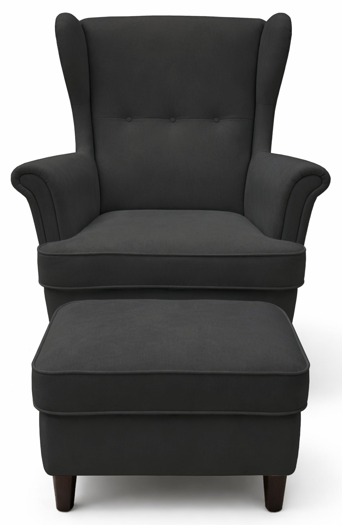 Fauteuil oreilles Malmello avec repose-pieds, velours anthracite facile à nettoyer, pieds noirs