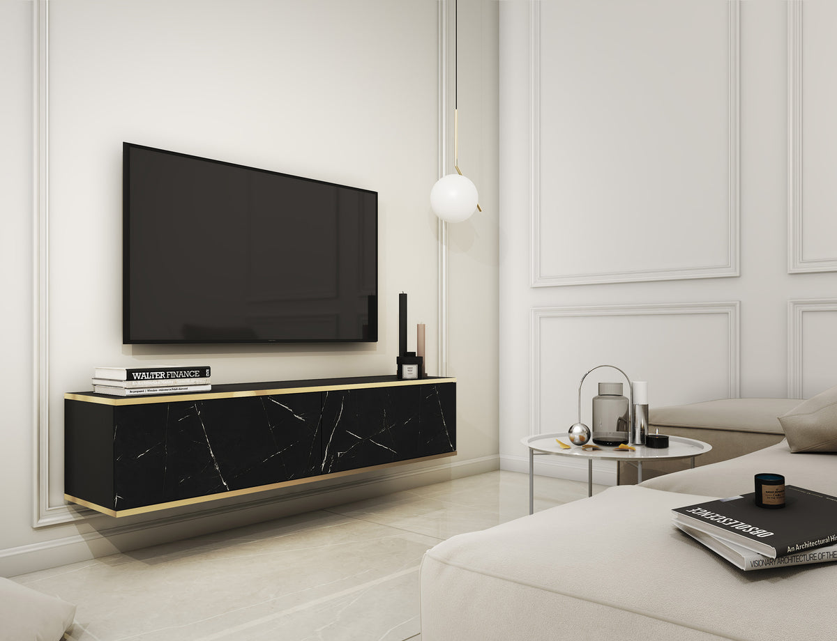 TV-Schrank Mucalma 135 cm schwarzer Marmor mit goldenen Einsätzen