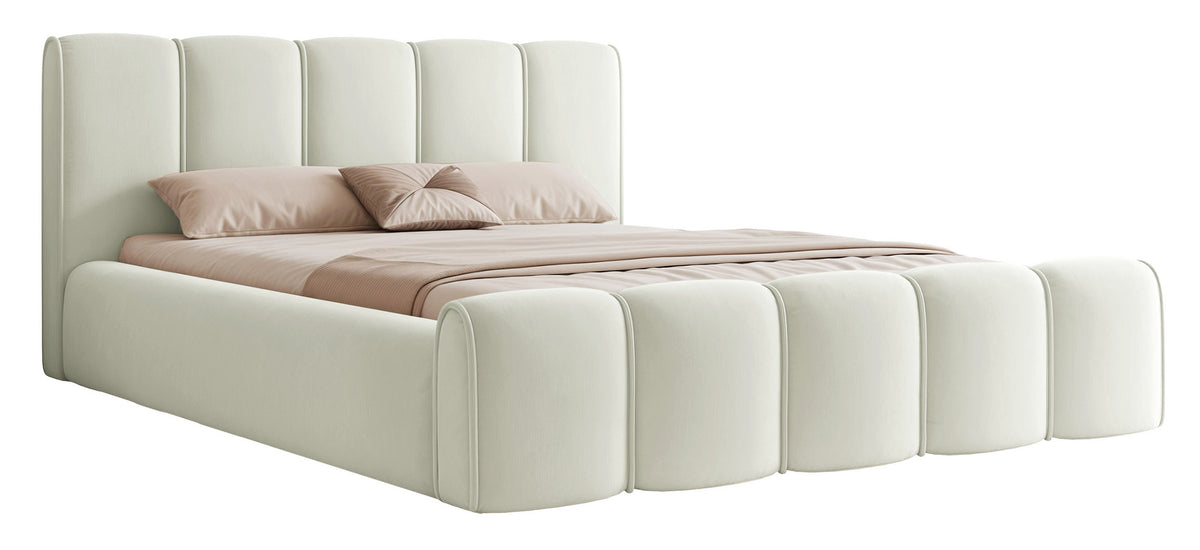 Polsterbett 180x200 cm Moenne mit Stauraum, Metallrahmen, cremefarbener hydrophober Samt