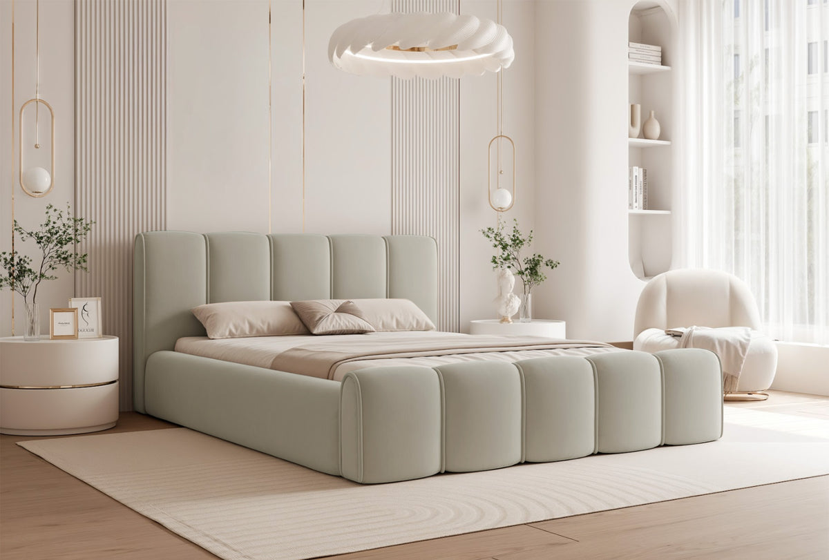 Polsterbett 180x200 cm Moenne mit Stauraum, Metallrahmen, beige Velours, wasserabweisend