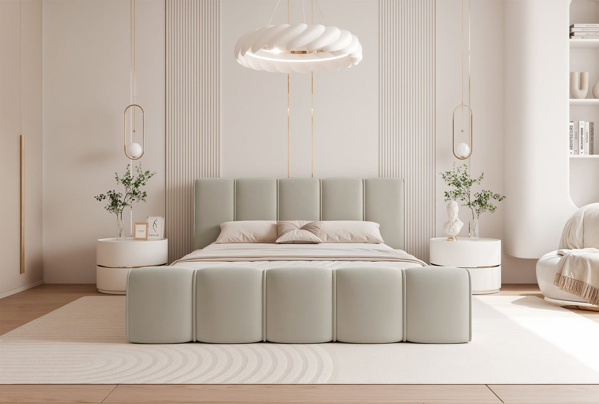 Polsterbett 160x200 cm Moenne mit Stauraum, Metallrahmen, beige Velours, wasserabweisend