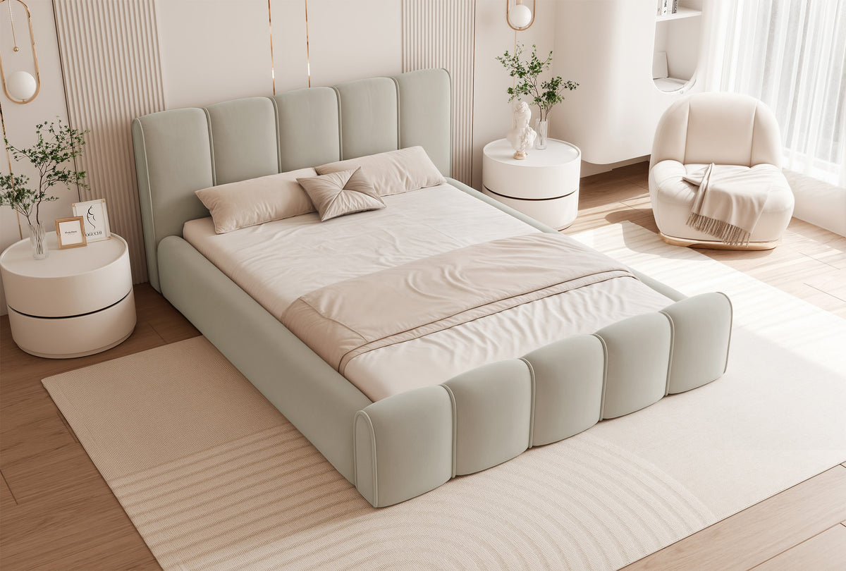 Polsterbett 180x200 cm Moenne mit Stauraum, Metallrahmen, beige Velours, wasserabweisend