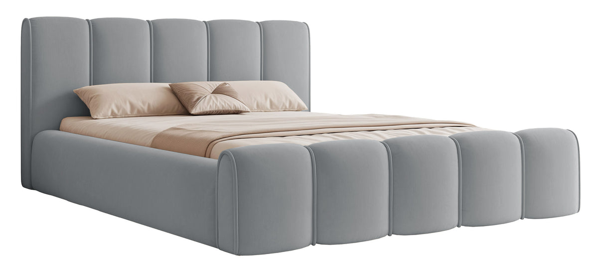 Polsterbett 140x200 cm Moenne mit Stauraum, Metallrahmen, grauer hydrophober Samt
