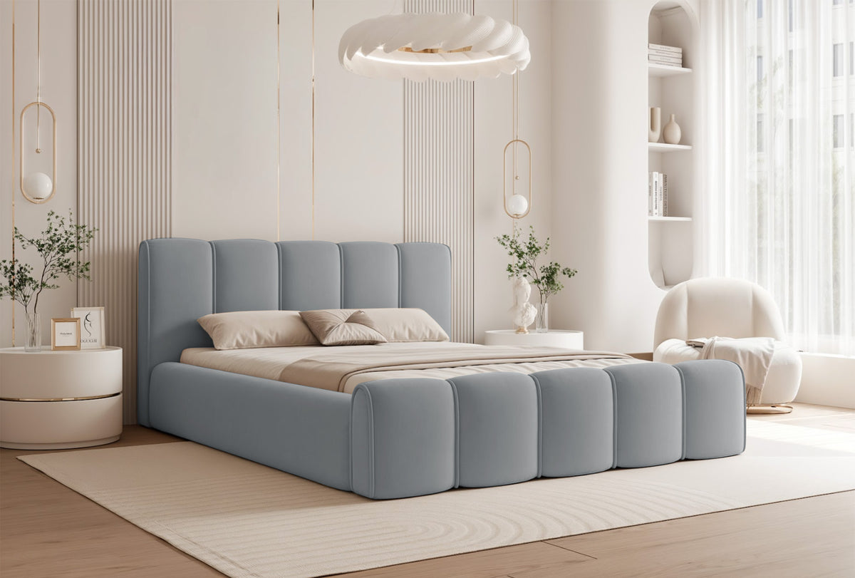 Polsterbett 140x200 cm Moenne mit Stauraum, Metallrahmen, grauer hydrophober Samt