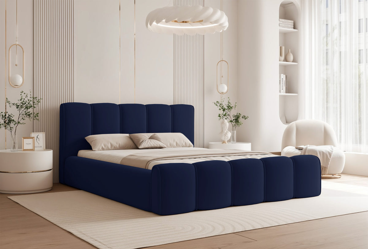 Gepolstertes Bett 160x200 cm Moenne mit Stauraum, Metallrahmen, marineblauer hydrophober Samt