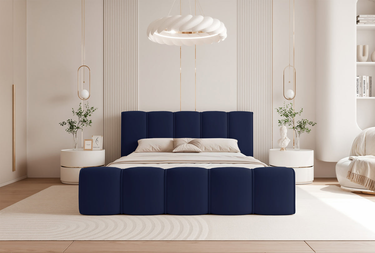Gepolstertes Bett 160x200 cm Moenne mit Stauraum, Metallrahmen, marineblauer hydrophober Samt