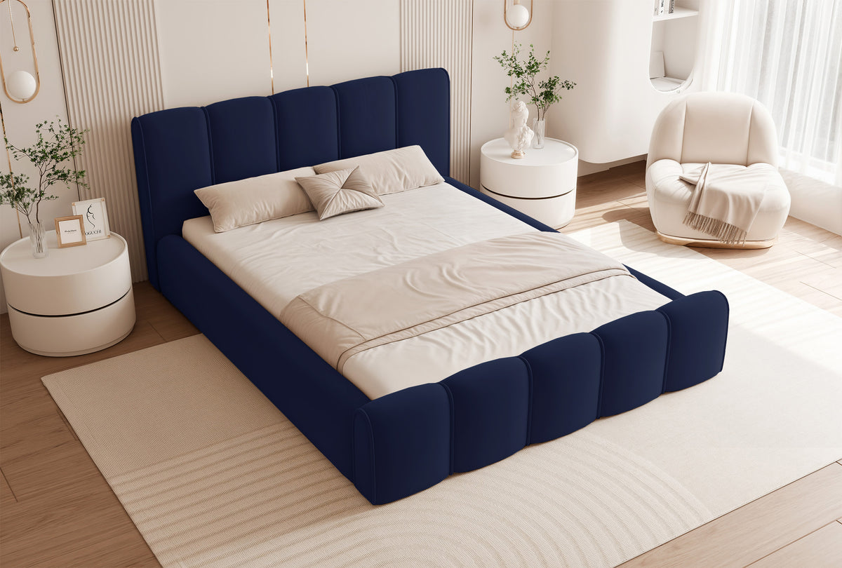 Polsterbett 140x200 cm Moenne mit Stauraum, Metallrahmen, marineblauer Veloursstoff, wasserabweisend