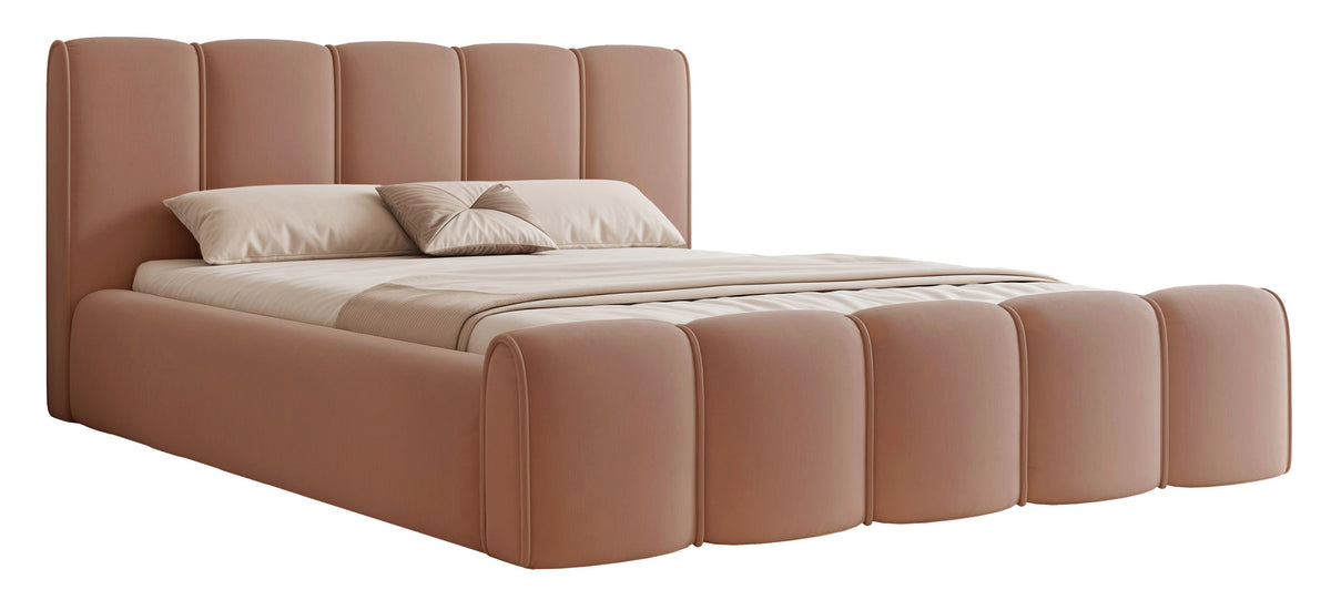 Lit tapissé 140x200 cm Moenne avec rangement, cadre métallique, velours hydrofuge saumon